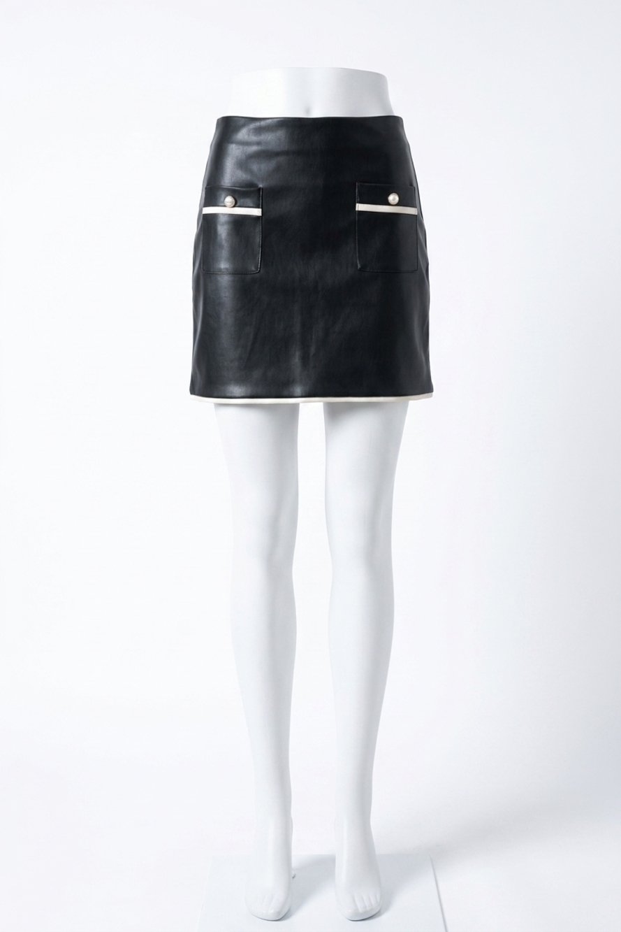 NEW FATE patched pocket hem faux leather mini skirt with pearl detail in white &